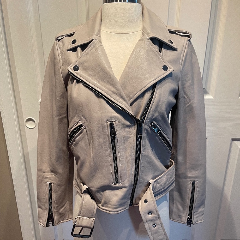 Allsaints Balfern Belted Zip Front Leather Biker Jacket sz 4, light gray